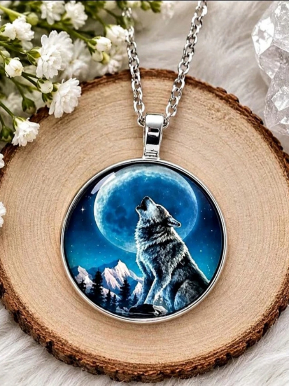 Wolf Moon Pendant Necklace in Blue & Silver
